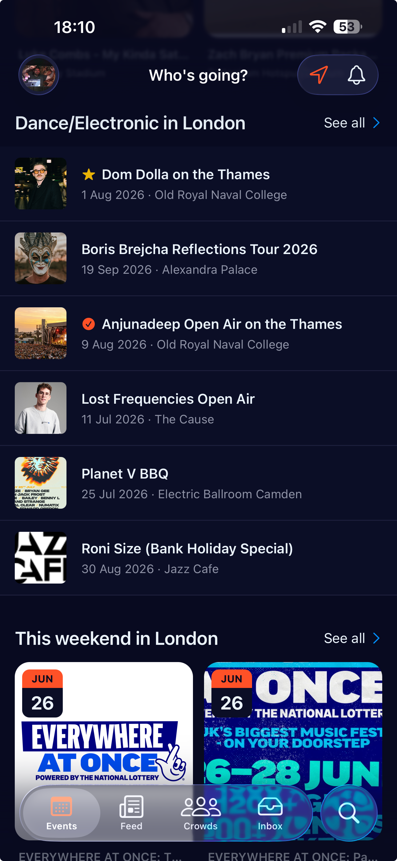 GigUp events feed